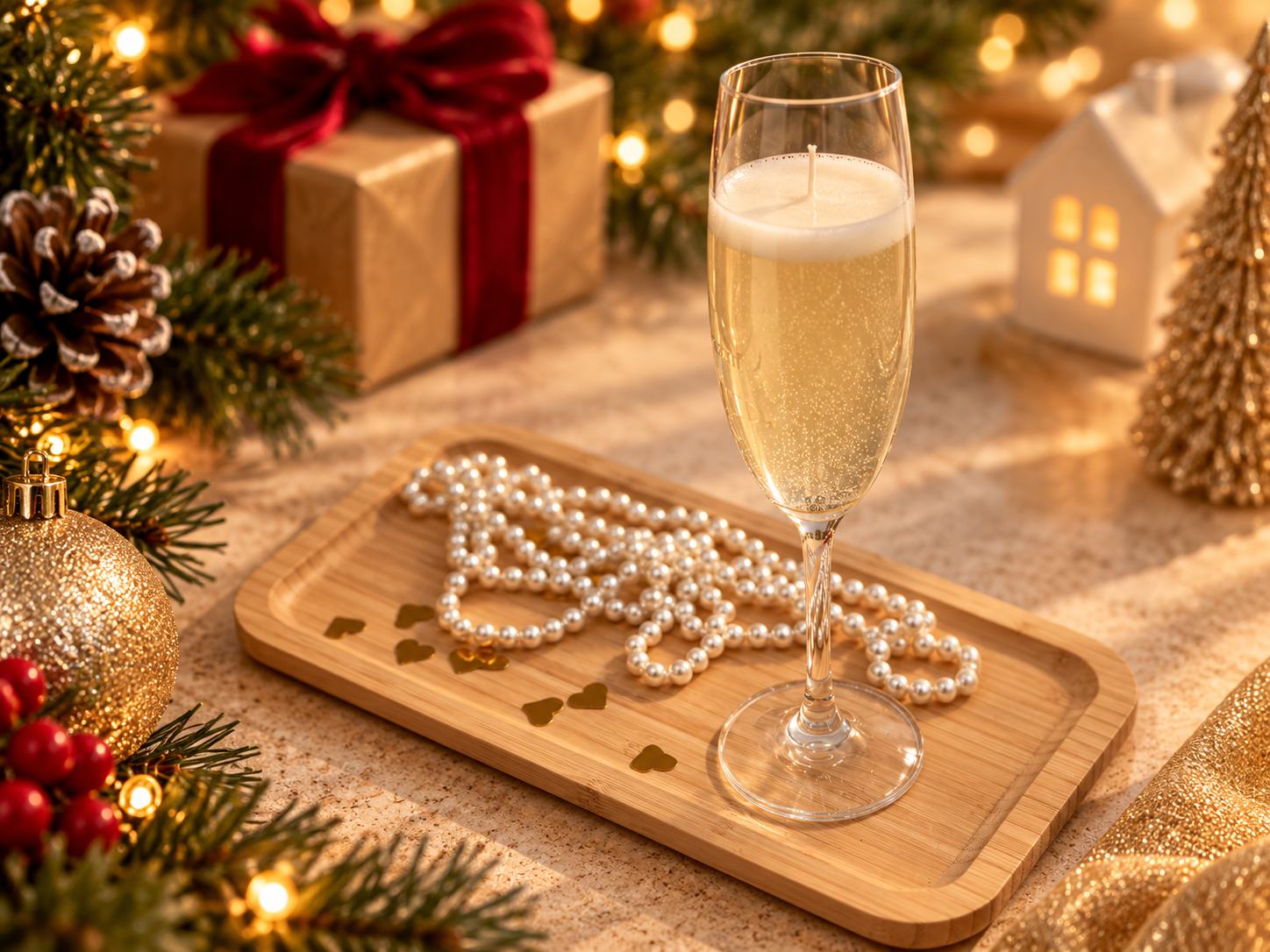 Candle gifting scene with a glass of champagne, pearls and warm Christmas details.