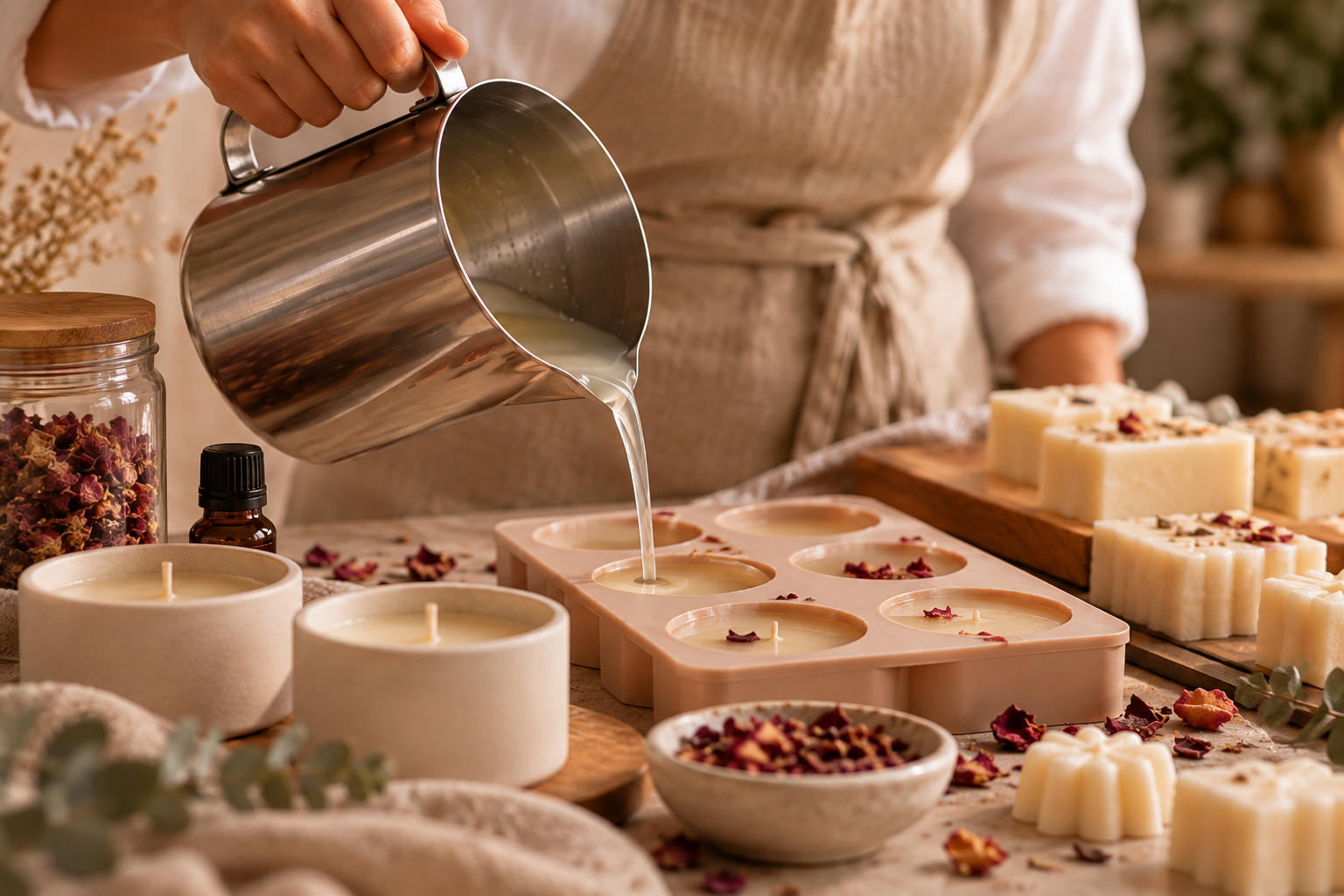 Wax melt workshop with scented wax being poured into decorative moulds