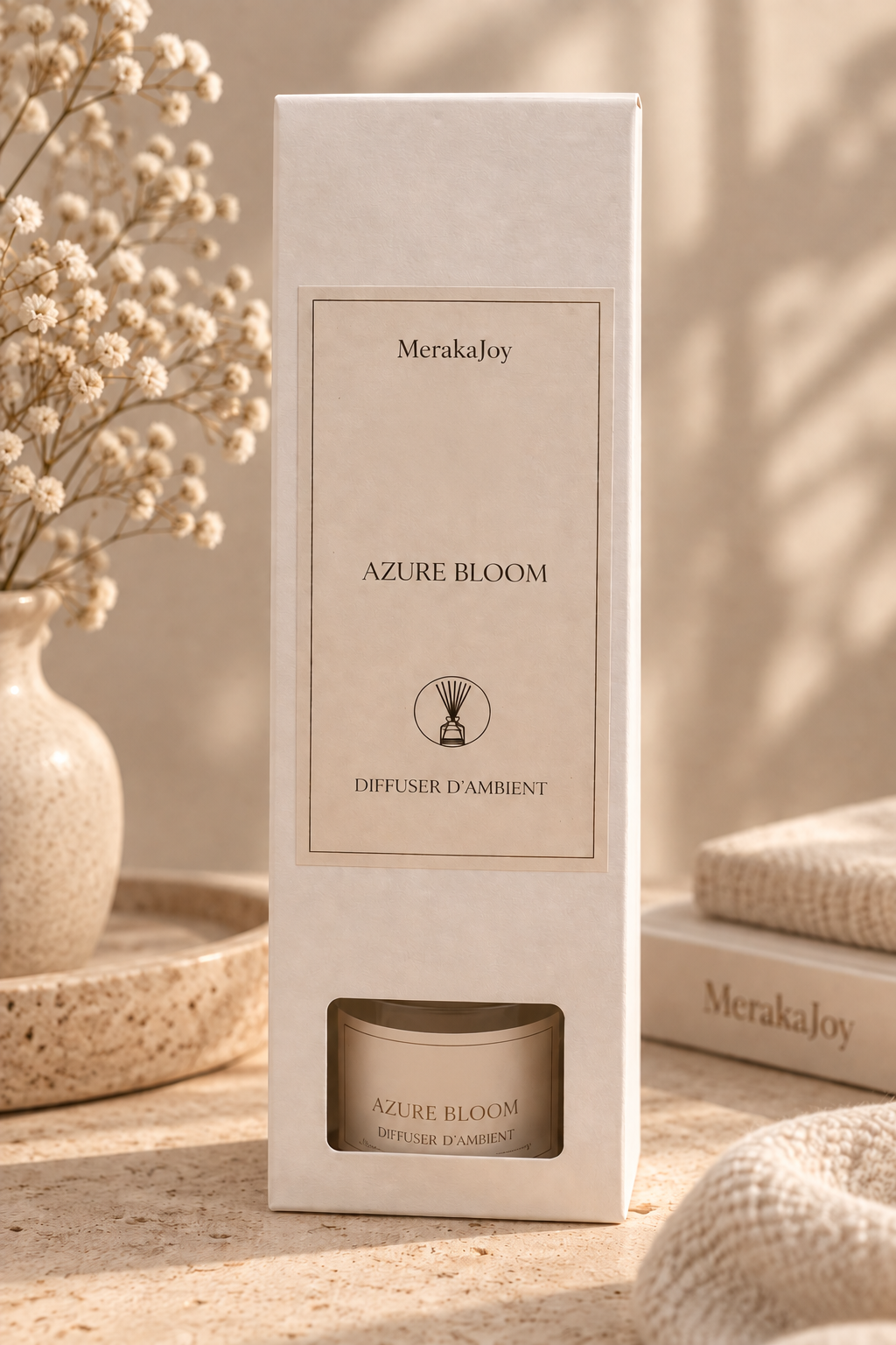 MerakaJoy Azure Bloom diffuser ornament presented in branded packaging.