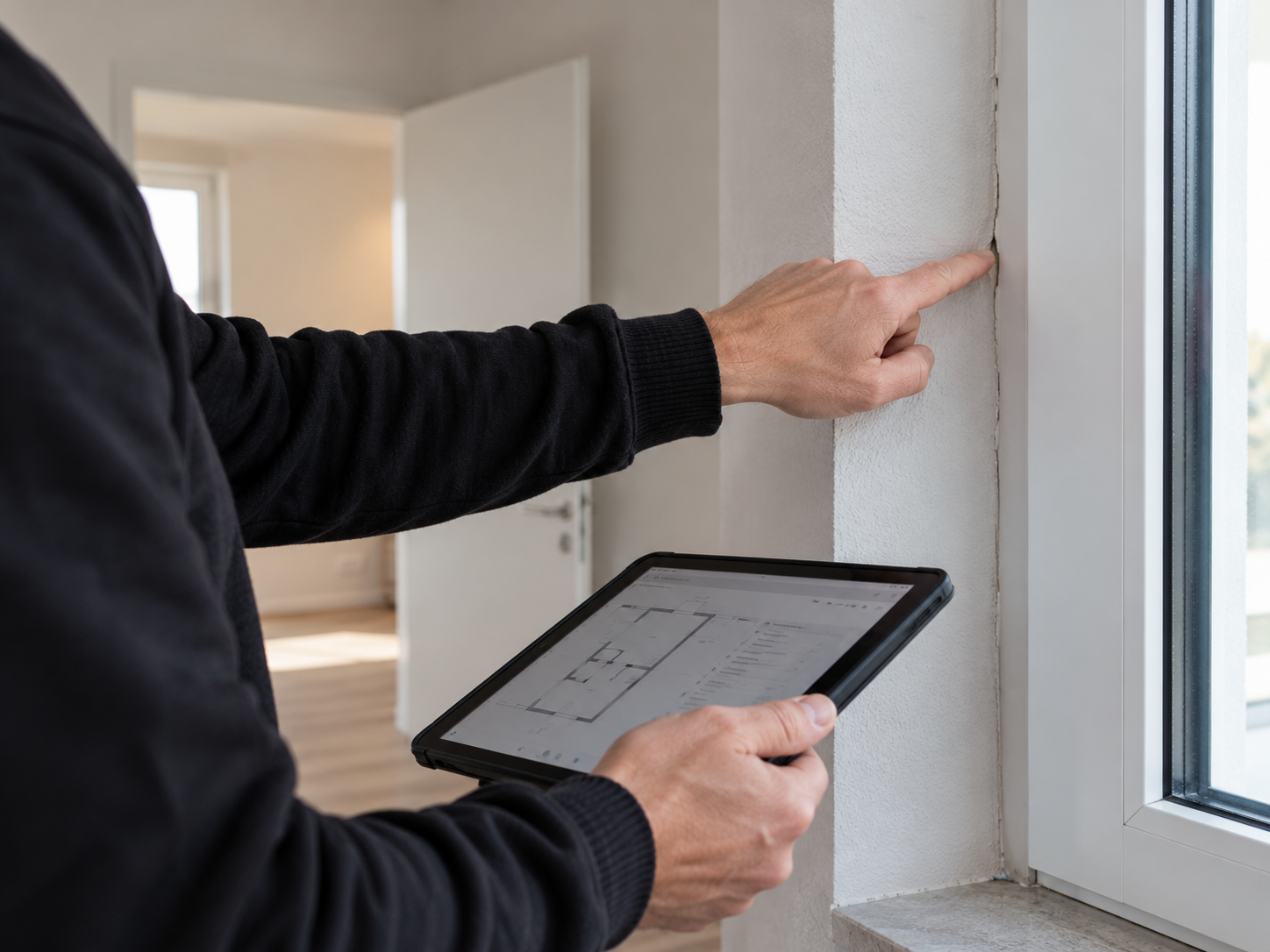 Sachverständige Prüfung eines Fensteranschlusses im Rahmen einer Bauabnahme mit Tablet zur Dokumentation
