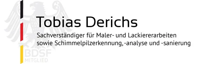Grafik von Tobias Derichs als BDSF-Mitglied mit den Fachbereichen Maler- und Lackiererarbeiten sowie Schimmelpilzerkennung, -analyse und -sanierung.