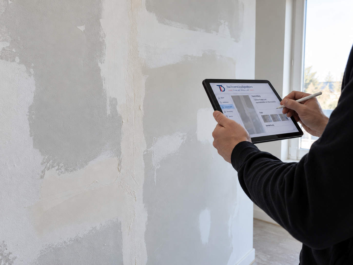 Sachverständige Prüfung und digitale Dokumentation einer Spachtel- und Putzoberfläche im Maler- und Lackiererhandwerk