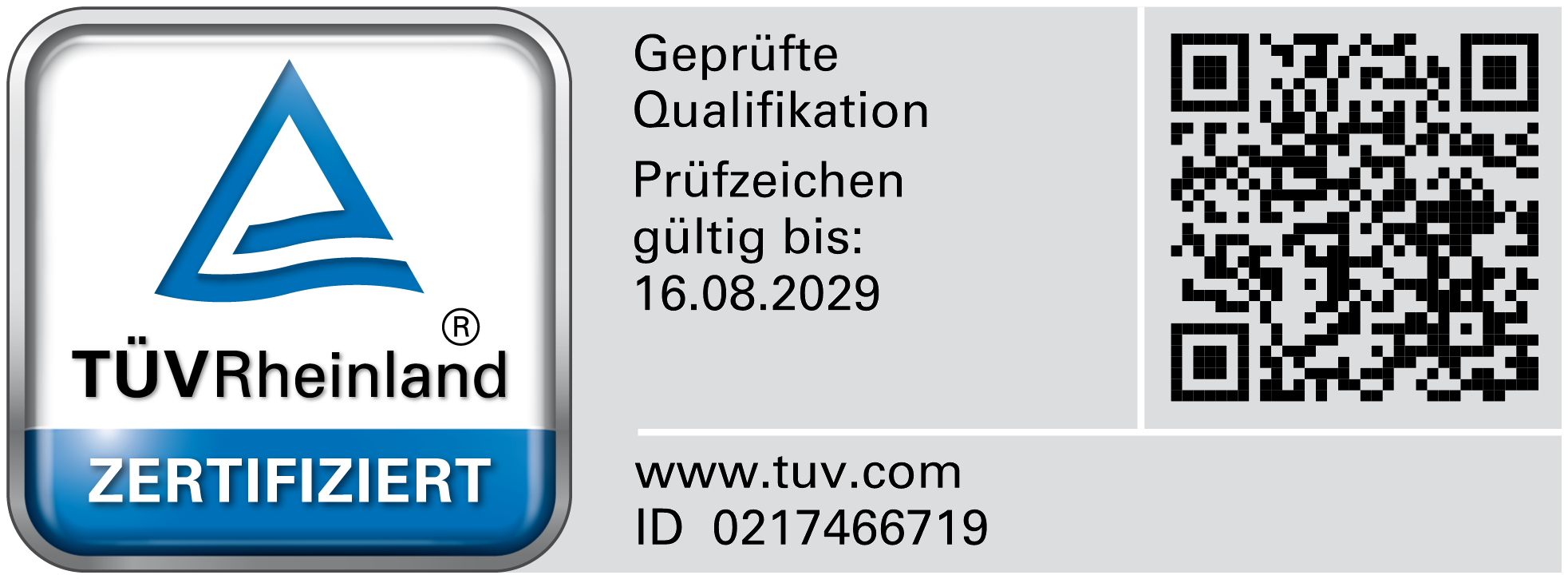 TÜV Rheinland Prüfzeichen für die geprüfte Qualifikation von Tobias Derichs im Maler- und Lackiererhandwerk, gültig bis 16.08.2029, mit QR-Code und Prüfzeichen-ID 0217466719.