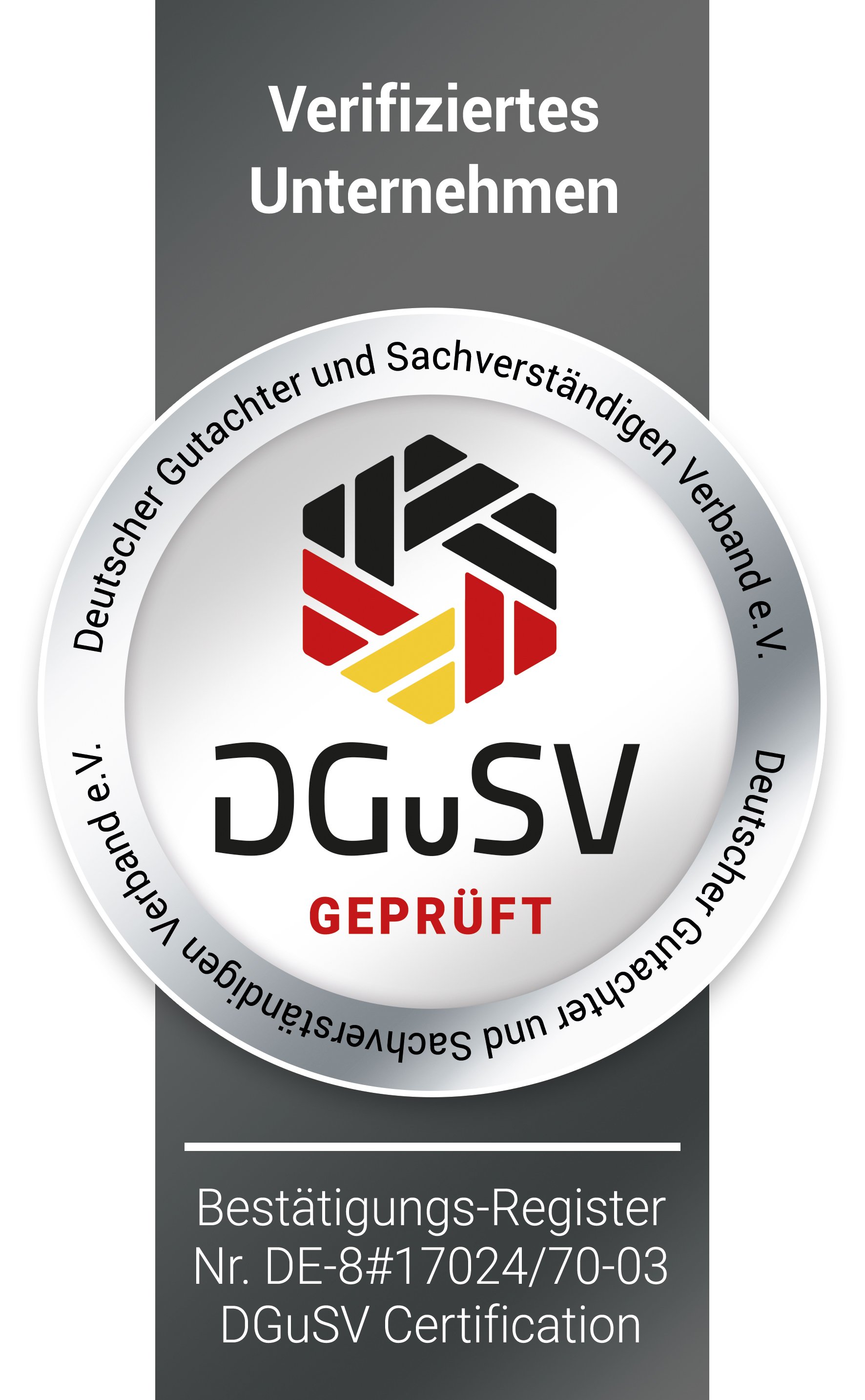 DGuSV-Prüfsiegel für das Sachverständigenbüro Tobias Derichs als verifiziertes Unternehmen mit Bestätigungs-Register.