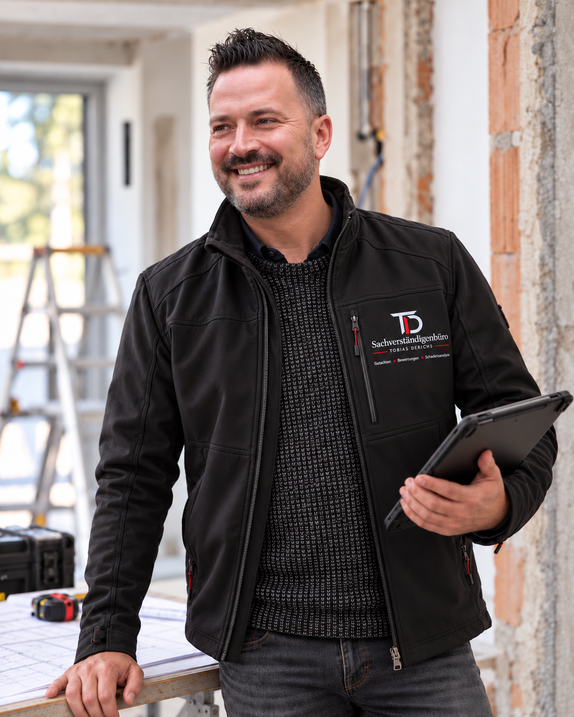 Sachverständiger auf einer Baustelle mit Tablet und Jacke mit Logo des Sachverständigenbüros; im Hintergrund sind Arbeitsmaterialien und ein Baugerüst zu sehen.