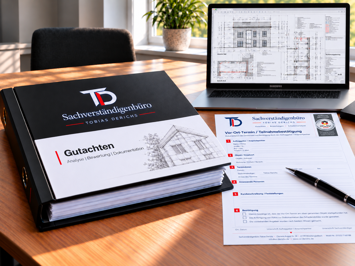 Gutachtenunterlagen des Sachverständigenbüros Tobias Derichs mit Bauplan, Dokumentation und Vor-Ort-Formular.