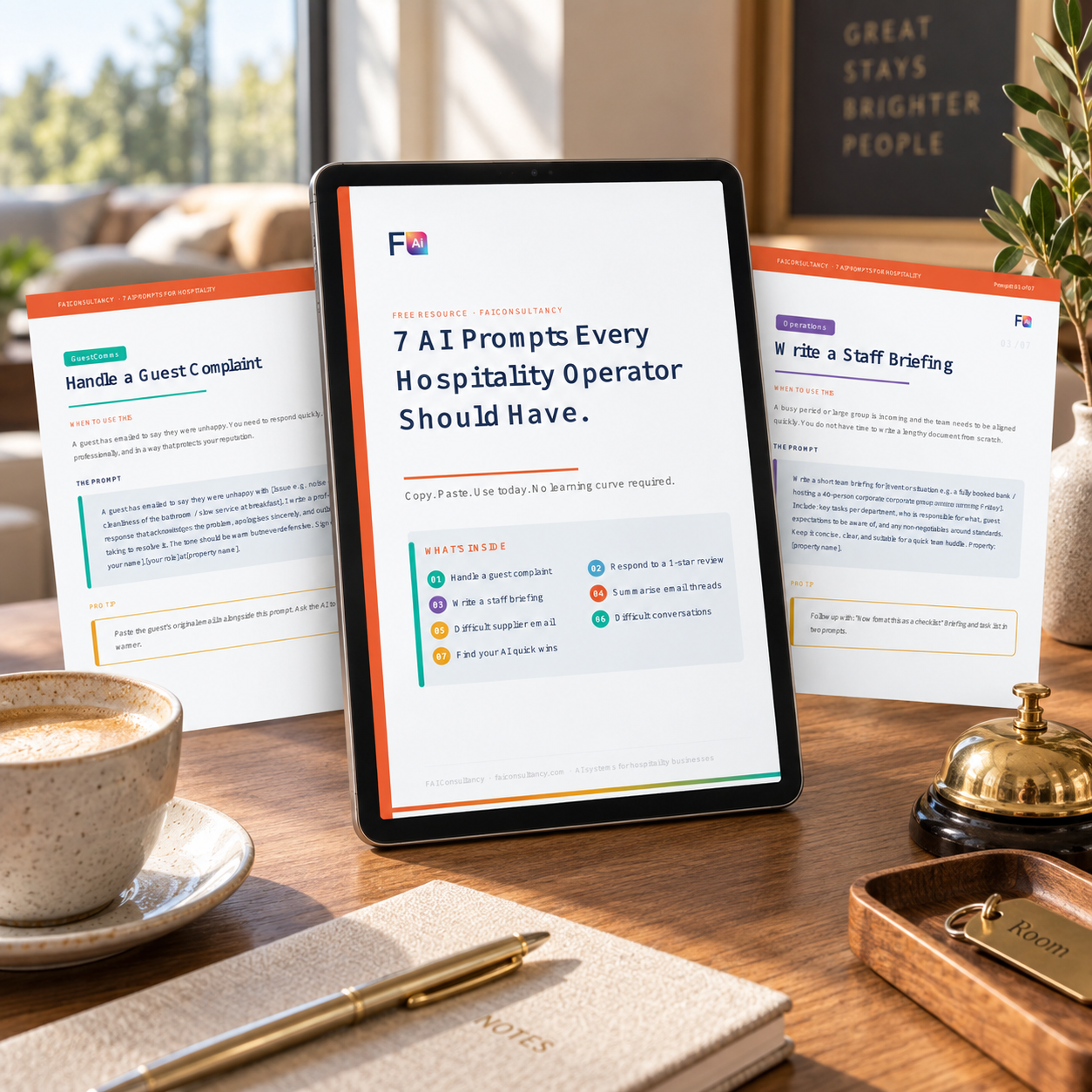 Preview of the free downloadable resource 7 AI prompts for hospitality teams