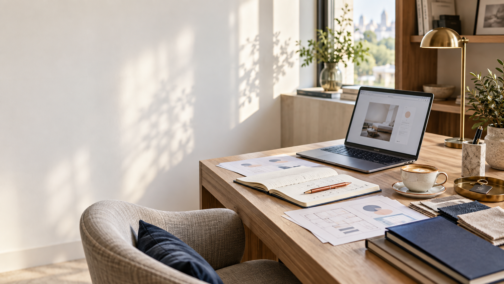 A tidy wooden desk in a bright room with a laptop, open notebooks, printed documents, a pen, a cup of coffee, a small tray with keys, potted plants, and a brass desk lamp.