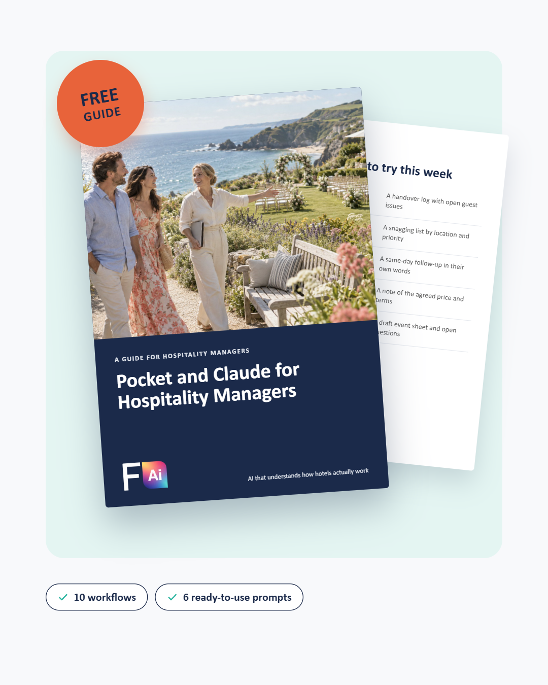 Cover of a guide titled "Pocket and Claude for Hospitality Managers" with a photo of three people walking outdoors near the coast, surrounded by flowering plants and overlooking the ocean.