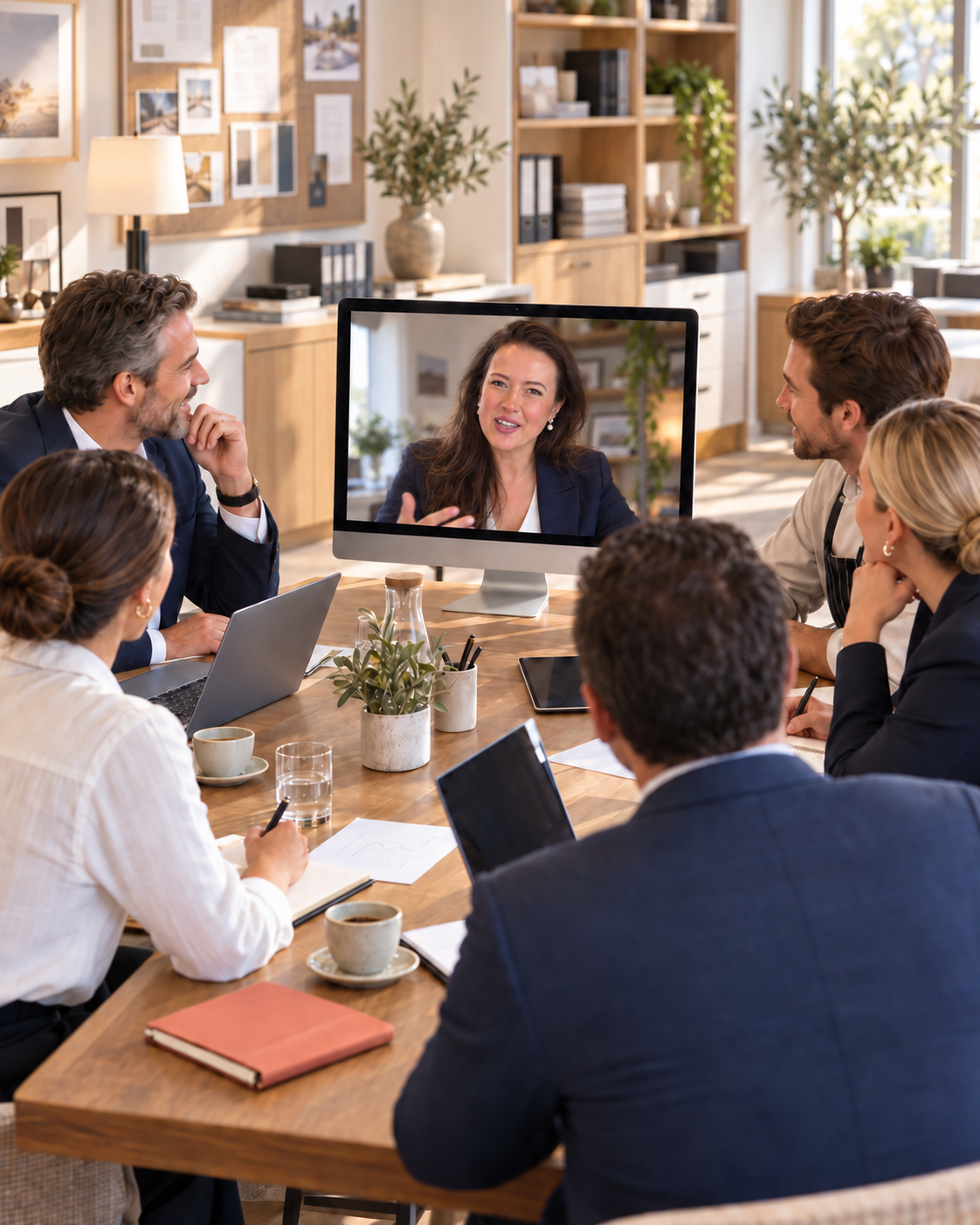 A group of six professionals in a meeting room, engaging in a video conference with Francesca Wood, FAI Consultan on a computer monitor. The room has wooden shelves, plants, and framed pictures on the wall, with sunlight streaming in through windows.