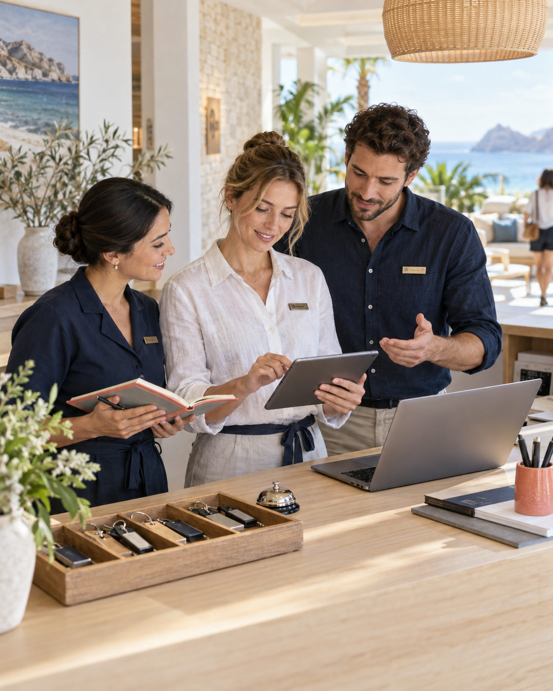 Three hotel staff members, two women and one man, are discussing at the reception desk, looking at a tablet. The setting is a bright, airy lobby with a view of the ocean and palm trees outside.