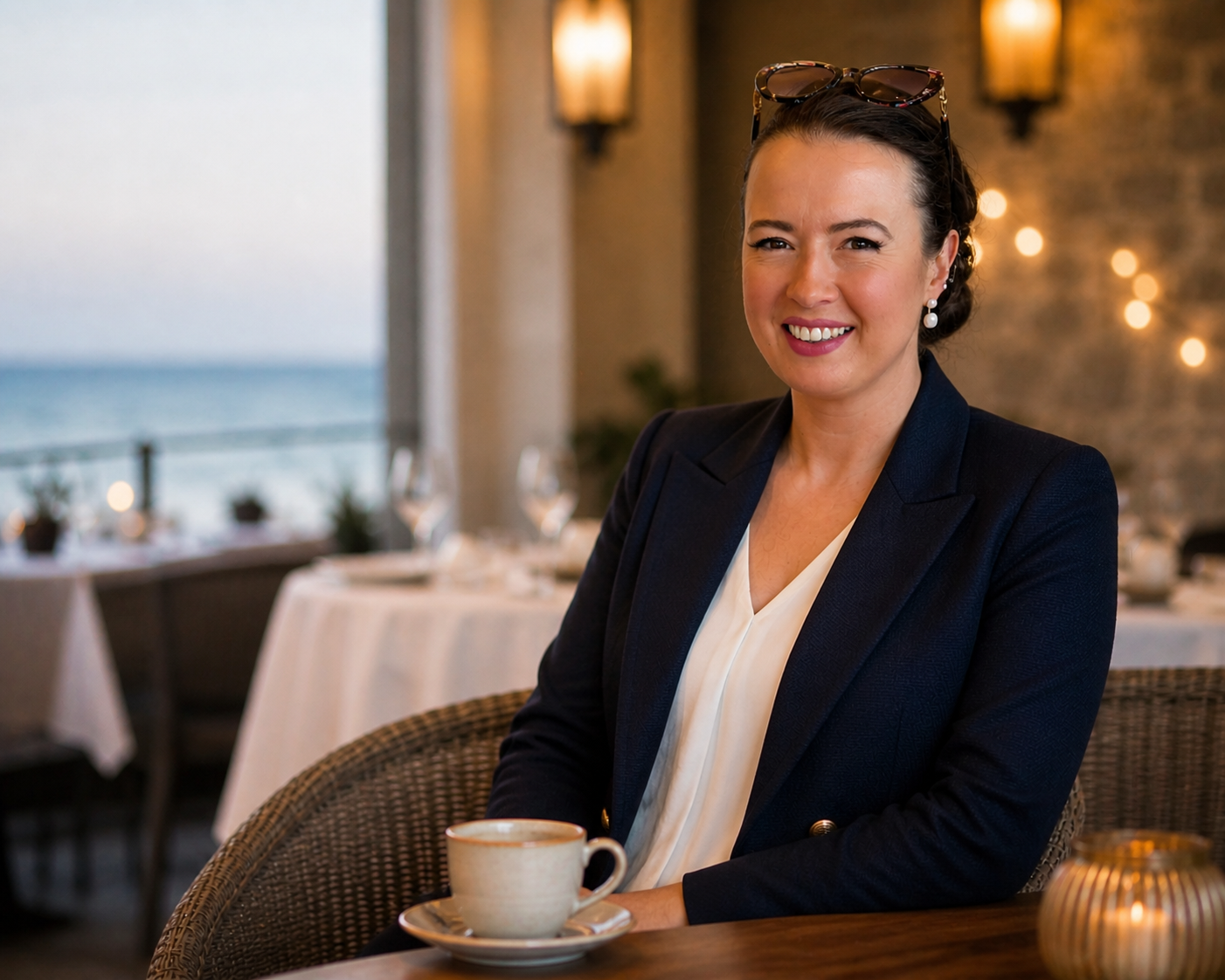 Francesca Wood, Founder of FAI Consultancy in a dark blazer and white blouse sitting at a table in a restaurant with ocean view, smiling. She has dark hair, glasses on her head, and pearl earrings. There is a cup and saucer in front of her.