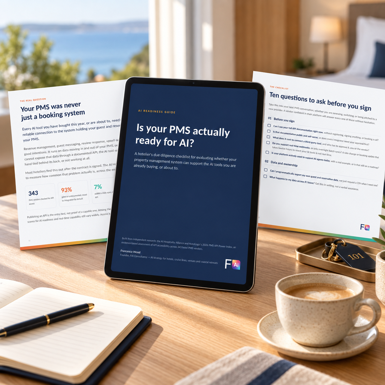 A tablet and two information sheets on a desk, with a cup of coffee and a notebook, showing digital and printed content about AI readiness for property management systems, with a view of water and trees in the background.