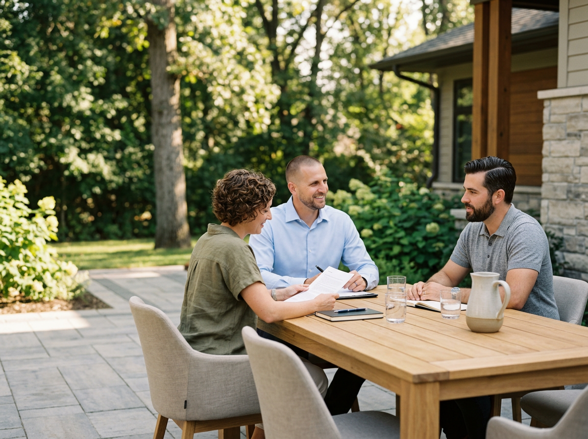 Three adults sitting at a wooden table outdoors, engaged in conversation. The setting is a lush, green backyard with trees and bushes, and a house with stone and wood siding is in the background.