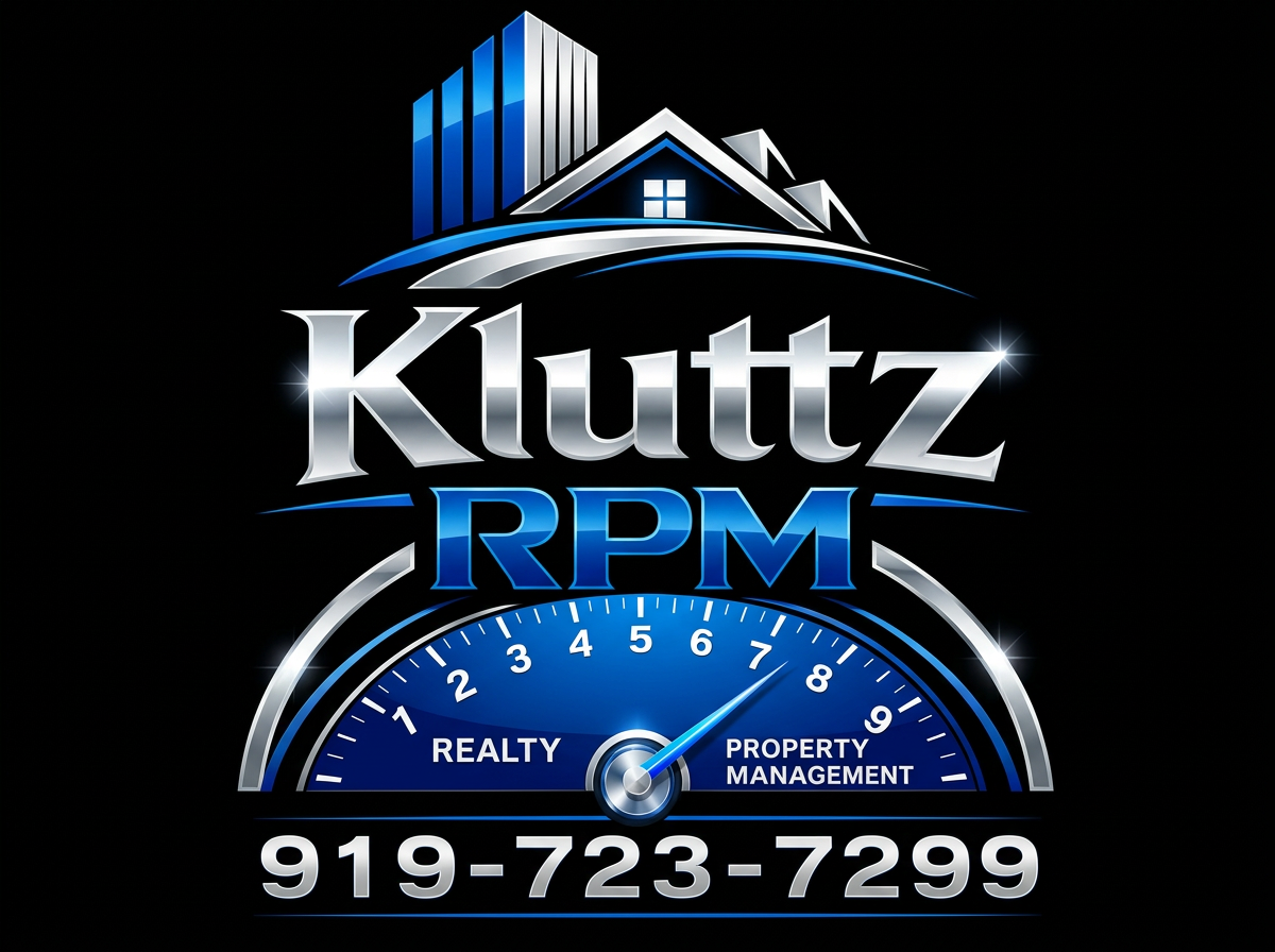 Logo for Kluttz RPM Realty Property Management with a speedometer graphic and a phone number 919-723-7299.