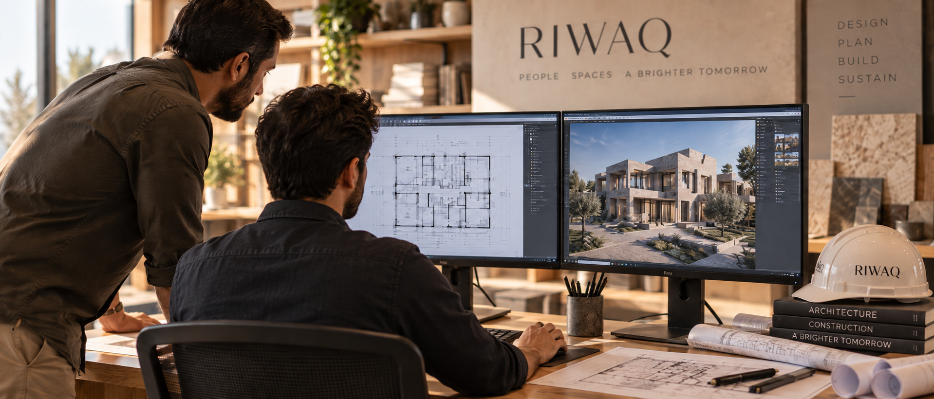 Two architects working on building design plans and 3D renderings at a desk in an office. One is seated using a computer with architectural drawings on the screen, while the other stands beside him looking at the screens. The workspace has rolled blueprints, a white construction helmet labeled RIWAQ, and books about architecture, construction, and a brighter tomorrow.