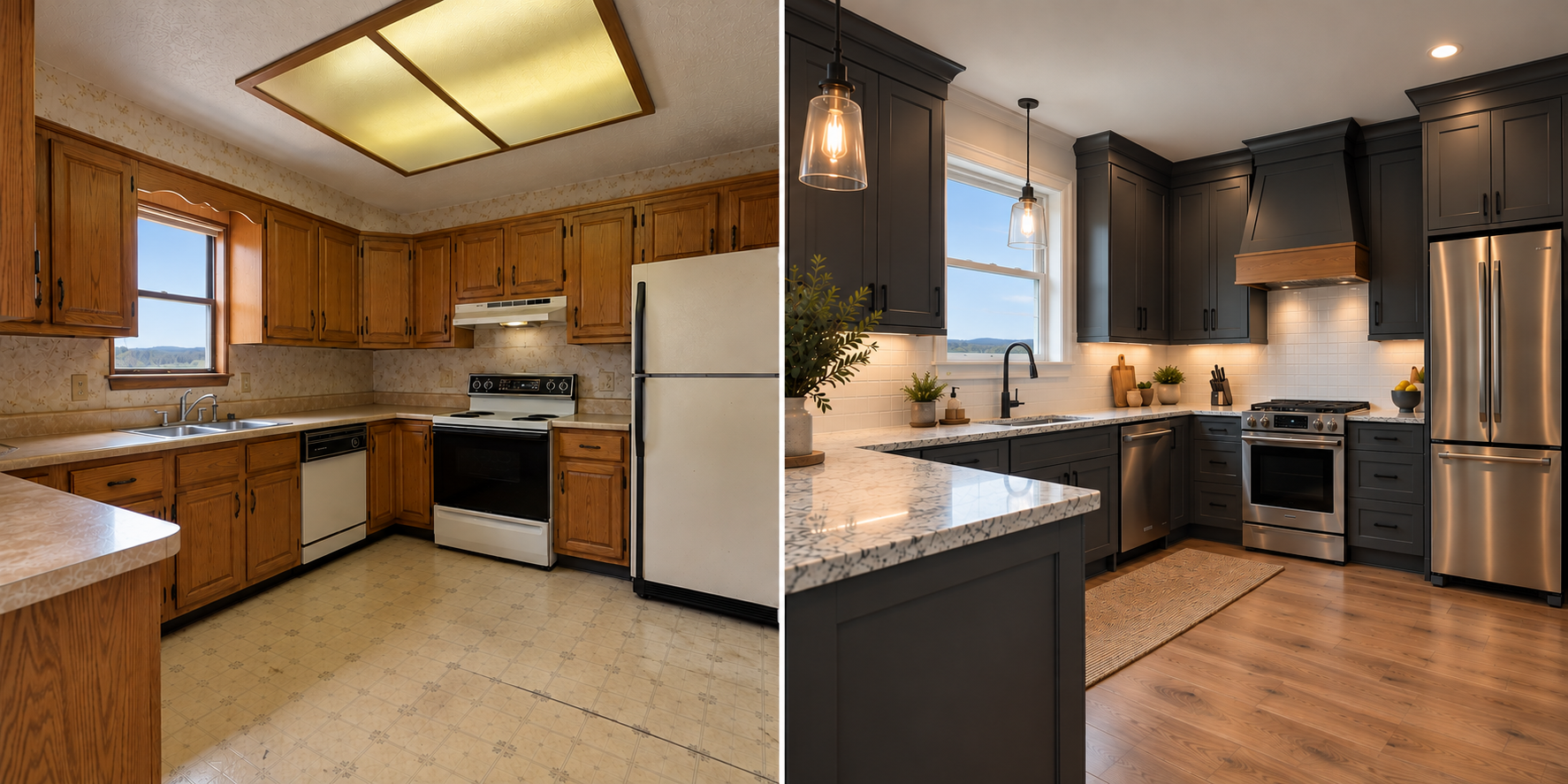 Kitchen renovation or remodel with before after lighting cabinets flooring appliances countertops by contractor