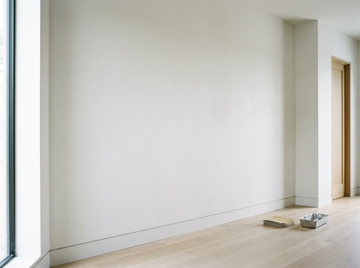 Empty white wall with a window to the left, wooden doors, and a hardwood floor with paint supplies on the floor.