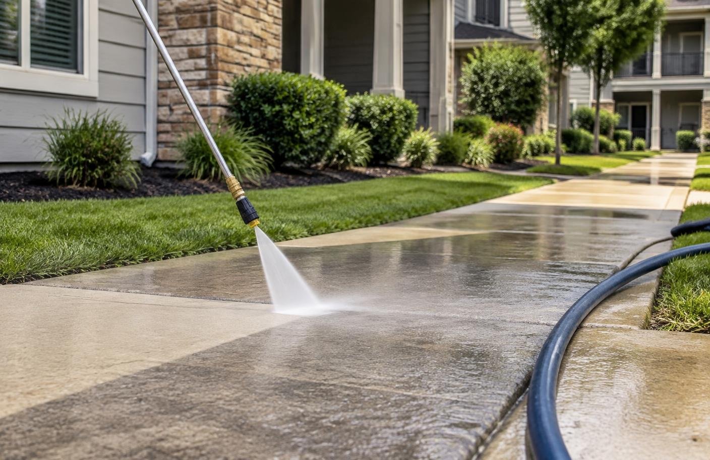 A person cleaning a concrete pathway with a high-pressure water hose in front of a residential building with green shrubs and grass.