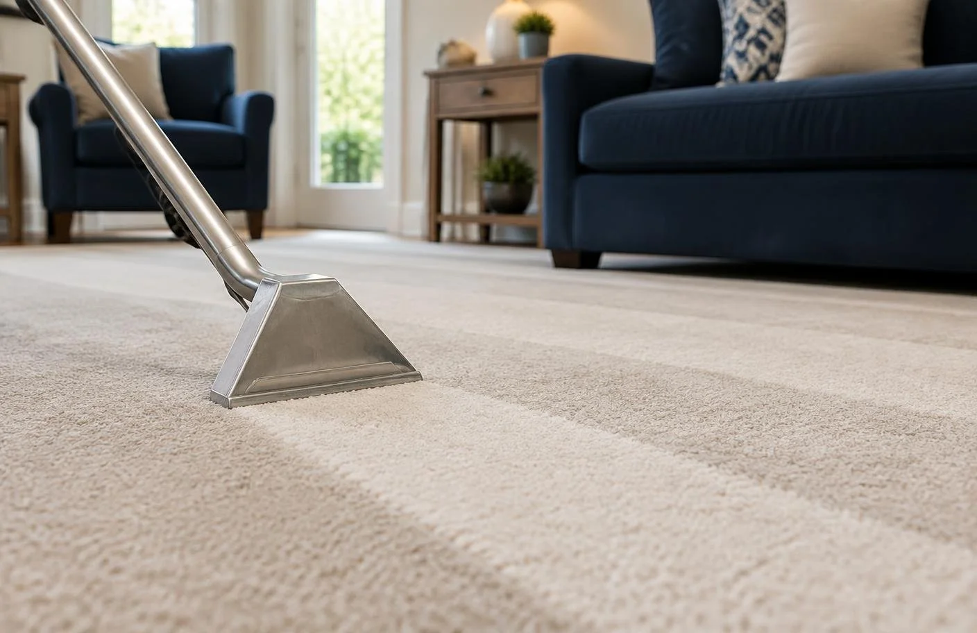 A carpet cleaning tool on a beige carpet in a living room with navy blue sofas and large glass doors.
