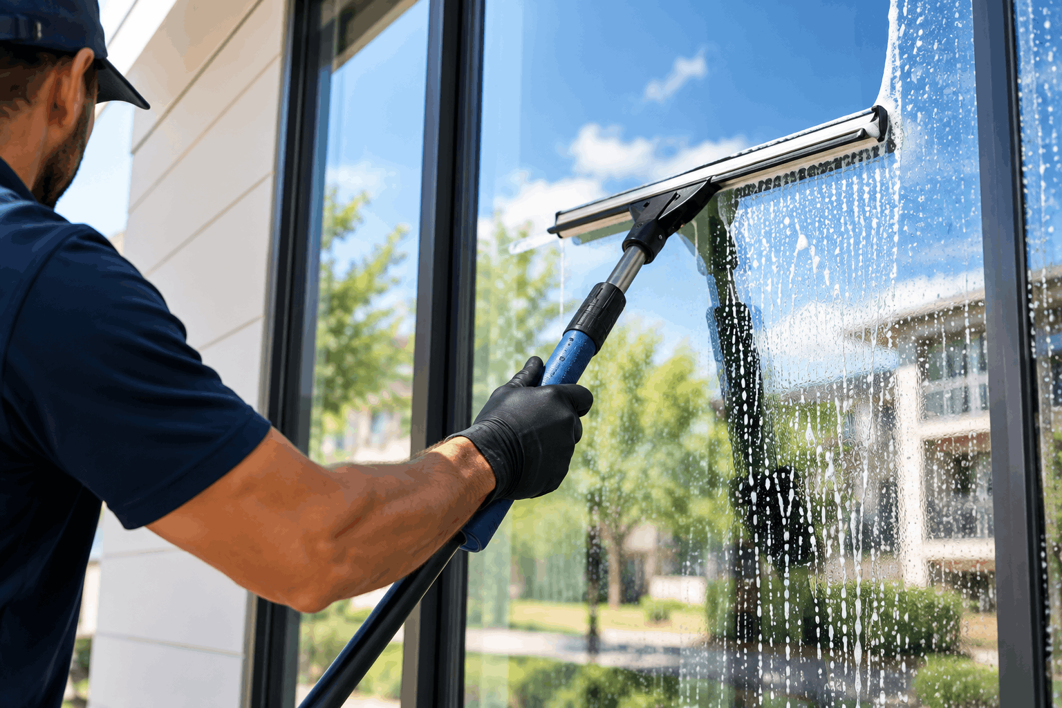 Person cleaning a large glass window with a squeegee during daytime.