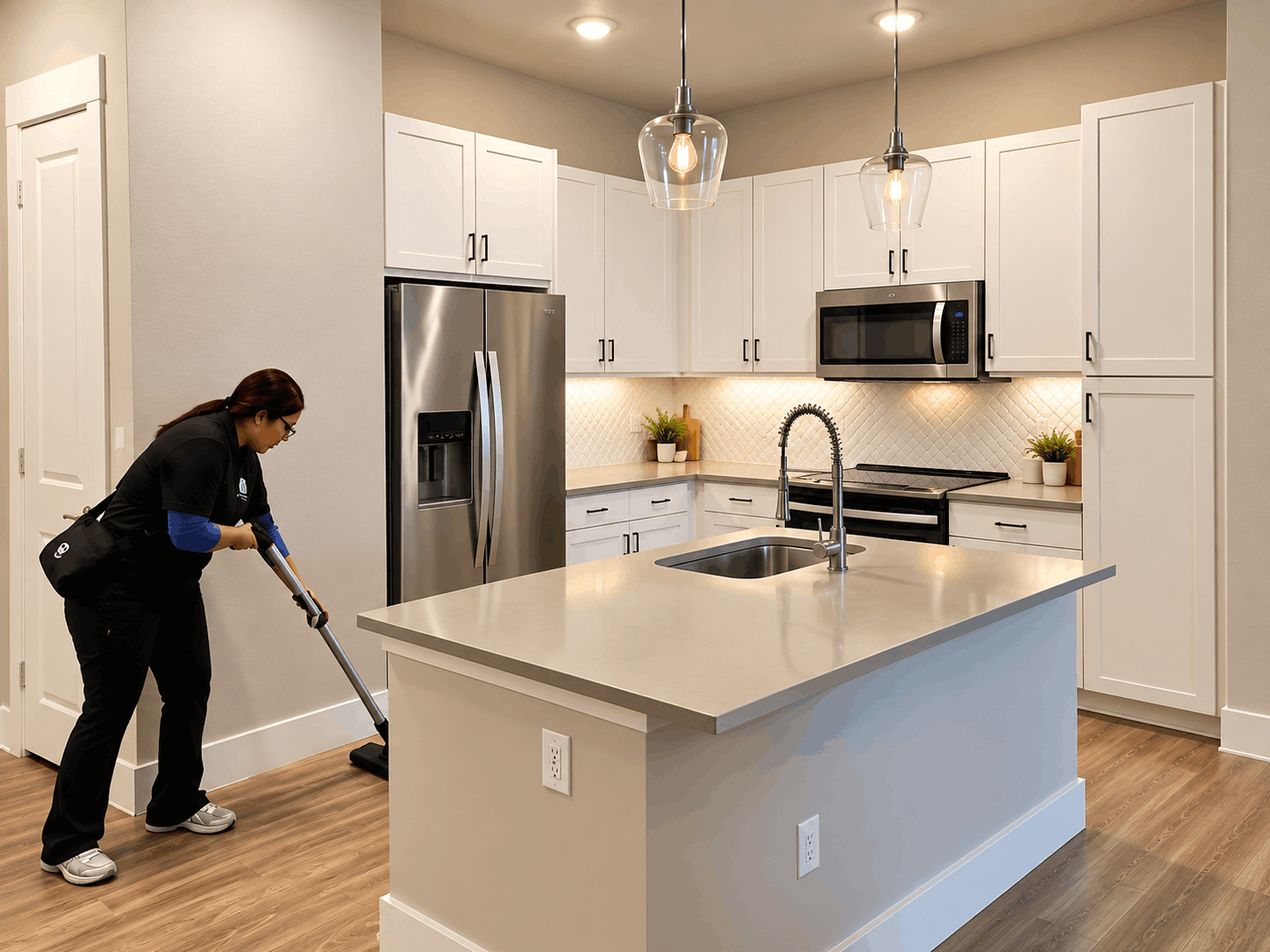 A woman cleaning the hardwood floor in a modern kitchen with white cabinets, stainless steel appliances, and a central island.
