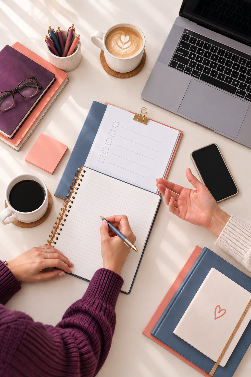 Organized workspace with planning tools, checklists, and business systems representing collaboration and optimized business plan