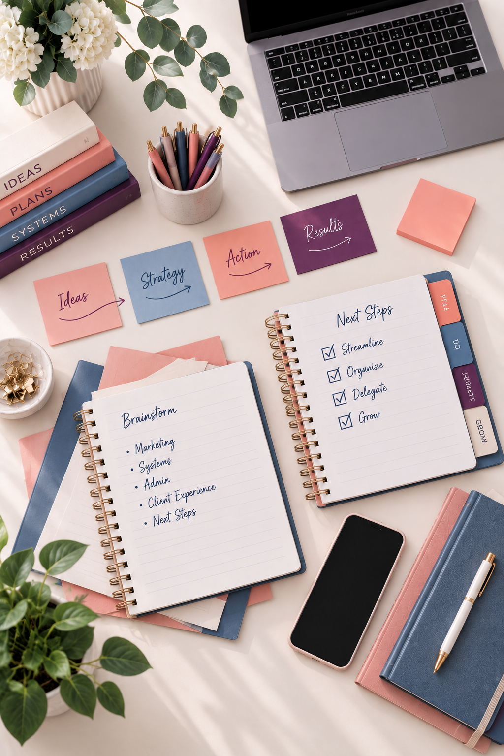 Organized workspace with planning tools, checklists, and business systems representing clarity, structure, and forward progress.