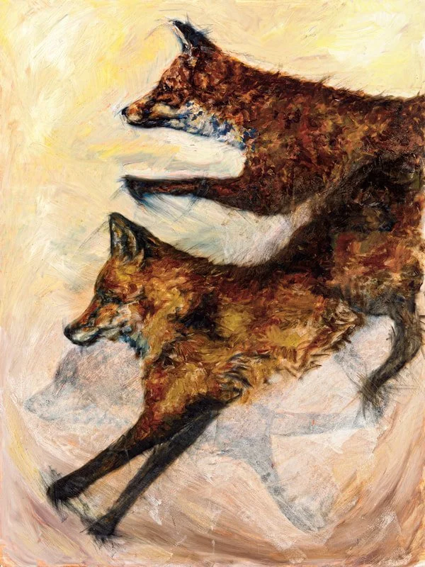 Runaway Foxes V.I. With Ghost, Oil on panel 24x18".