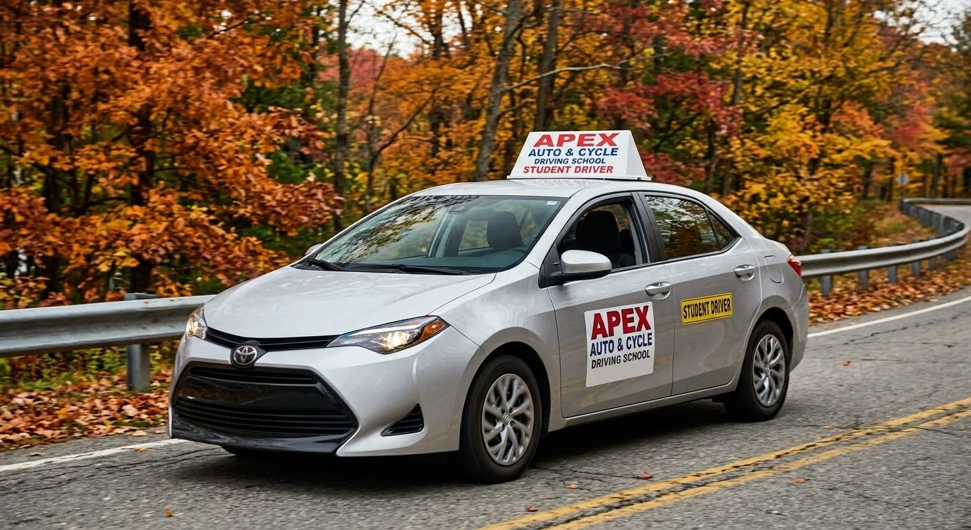 A silver Toyota sedan with signs that read 'APEX AUTO & CYCLE DRIVING SCHOOL' and 'STUDENT DRIVER' parked on the side of a rural road with yellow dividing lines, surrounded by trees with orange and yellow autumn leaves.