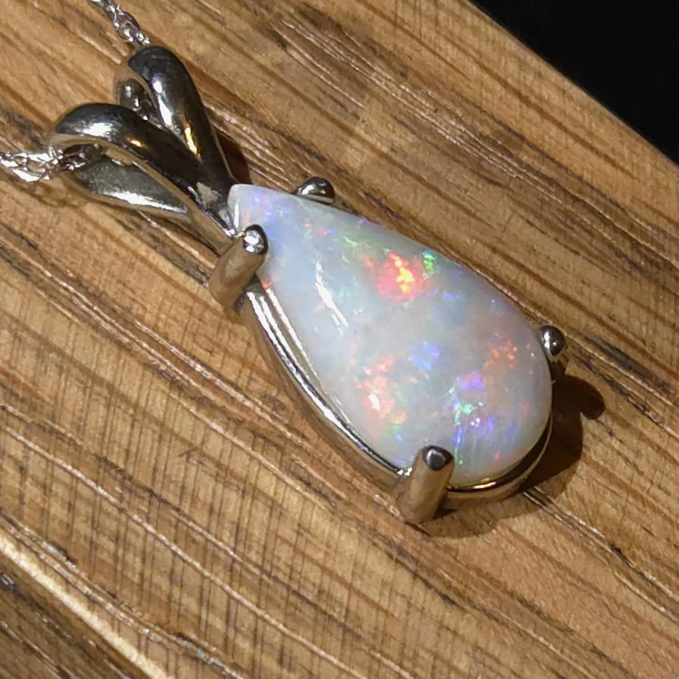 Bright Teardrop Australian Opal Necklace Set in 14k White Gold Jewelry
