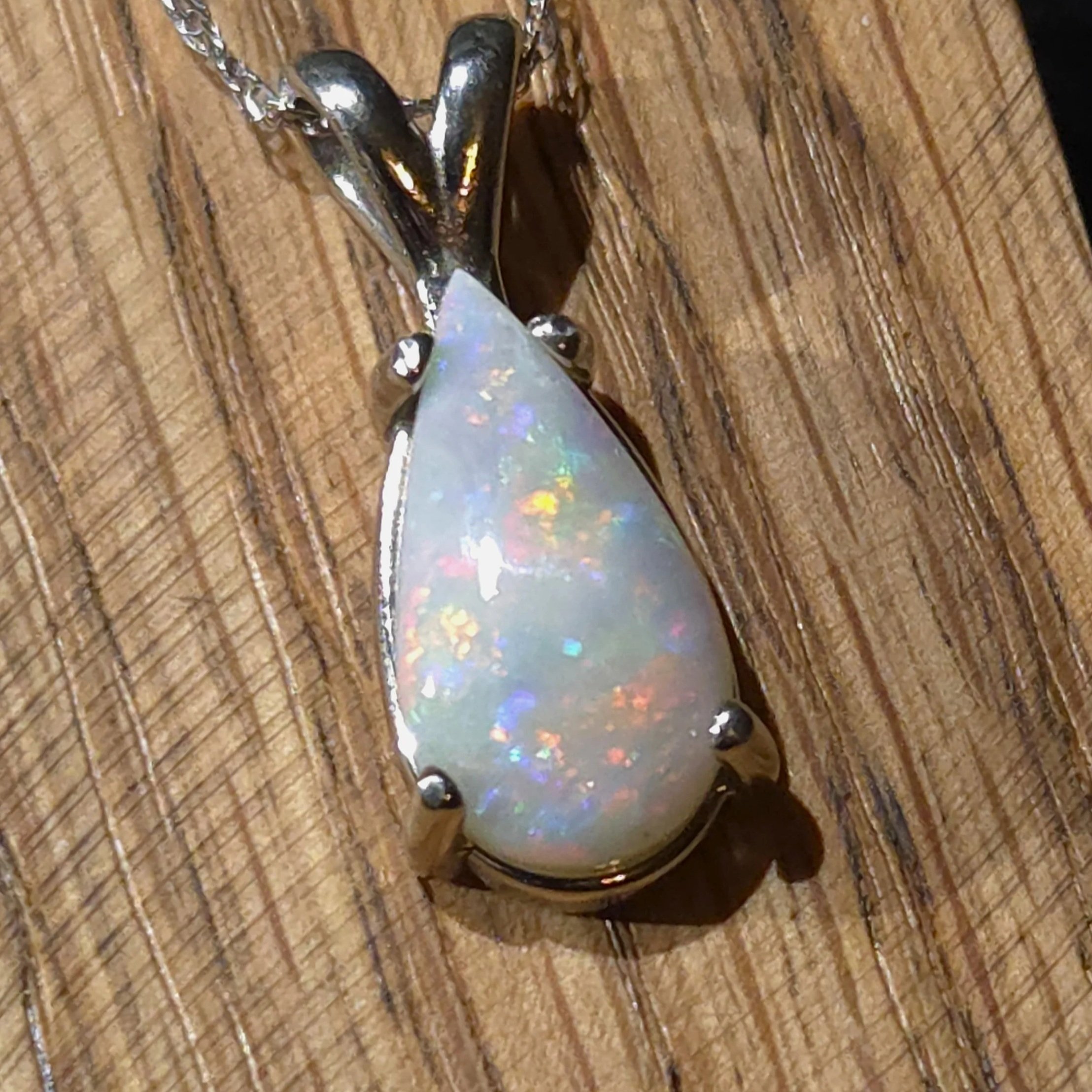 Bright Teardrop Australian Opal Necklace Set in 14k White Gold Jewelry