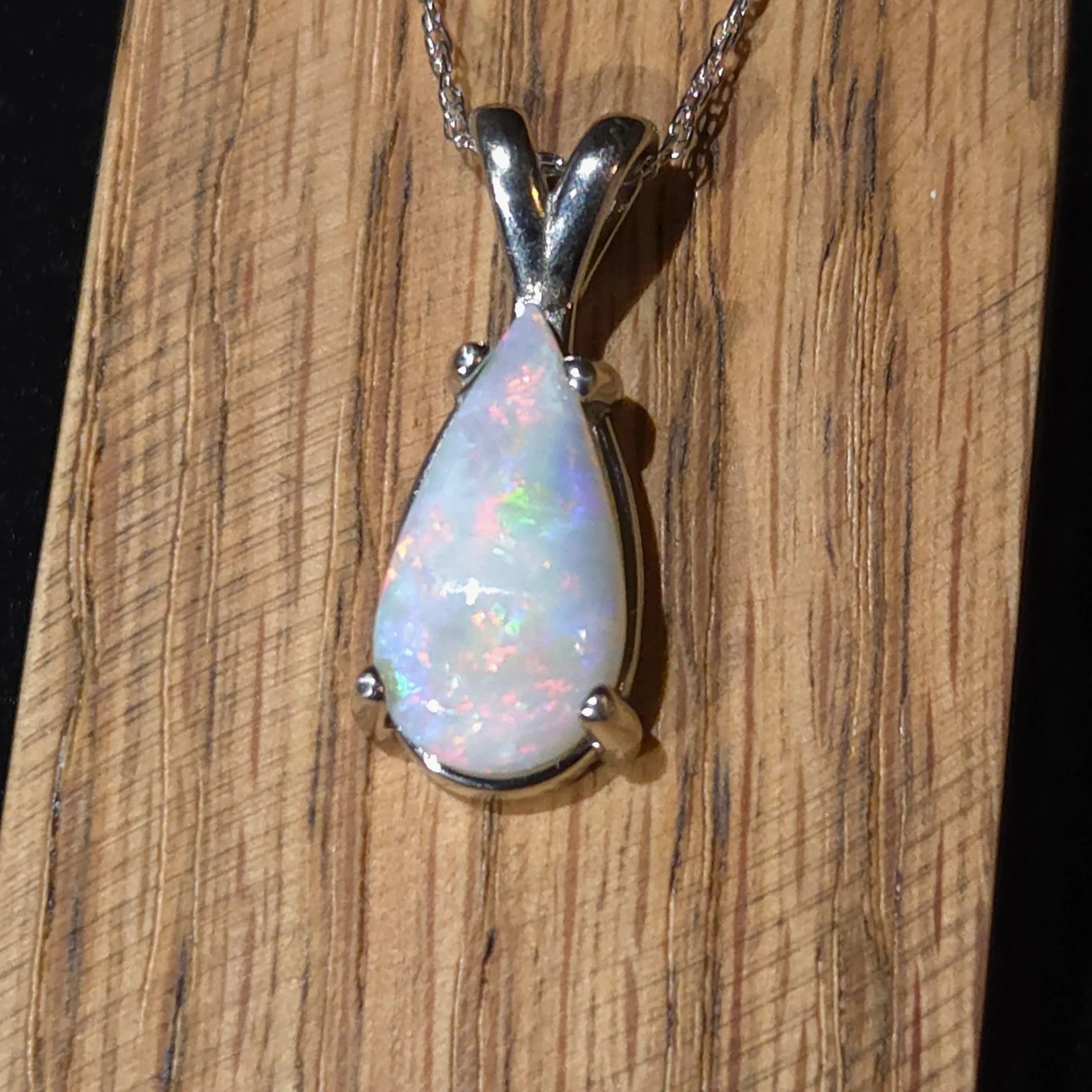 Bright Teardrop Australian Opal Necklace Set in 14k White Gold Jewelry
