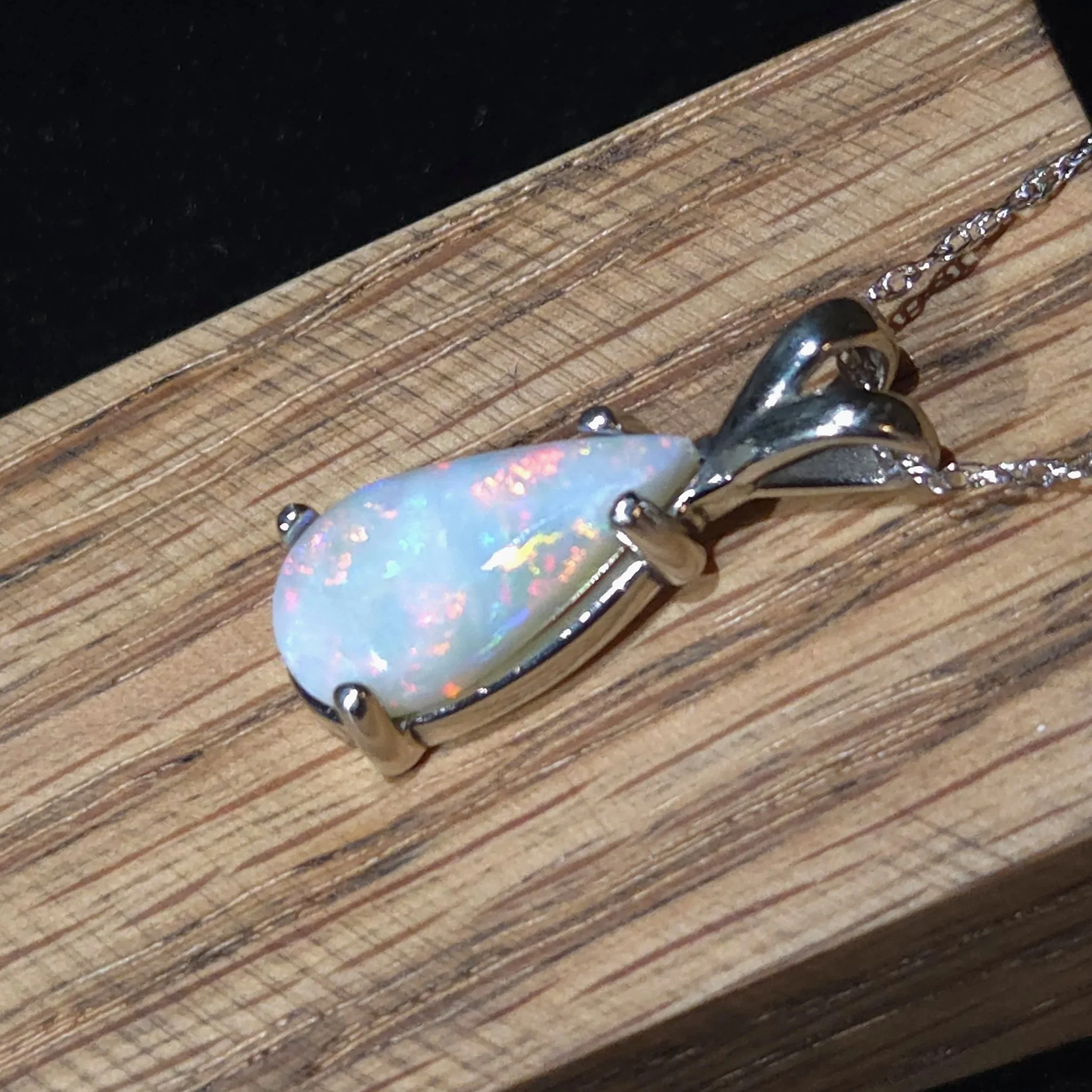 Bright Teardrop Australian Opal Necklace Set in 14k White Gold Jewelry