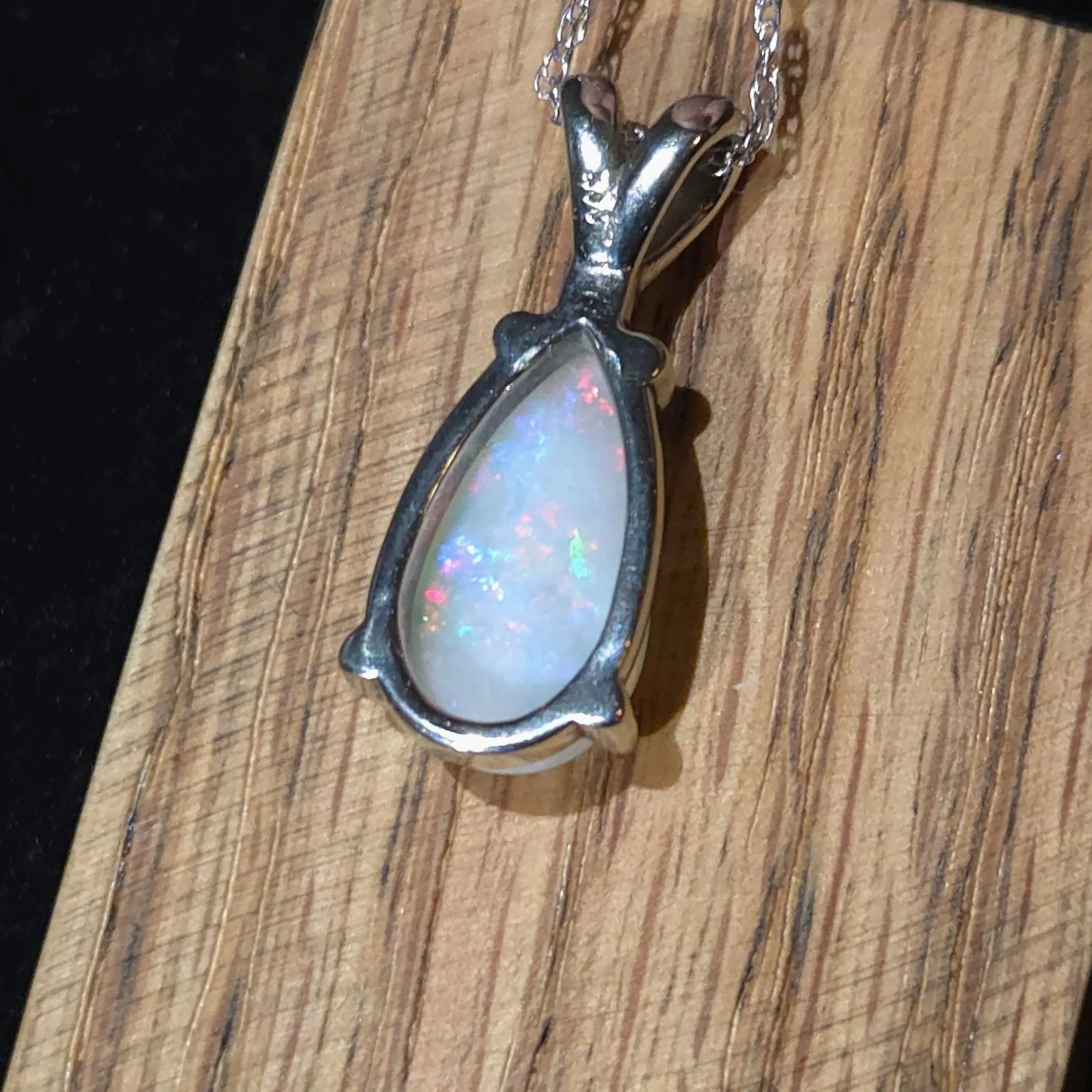 Bright Teardrop Australian Opal Necklace Set in 14k White Gold Jewelry