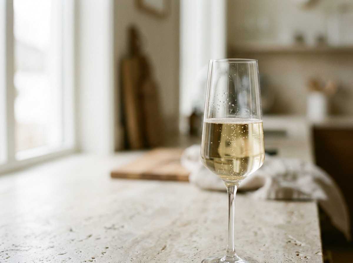Ett glas med mousserande vin på ett köksbord