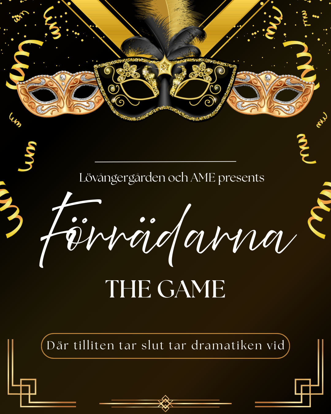 Bild av tre masker i guld och svarta färger, dekorerade med glitter och fjädrar, på en svart bakgrund med gulddetaljer och festdekorationer.