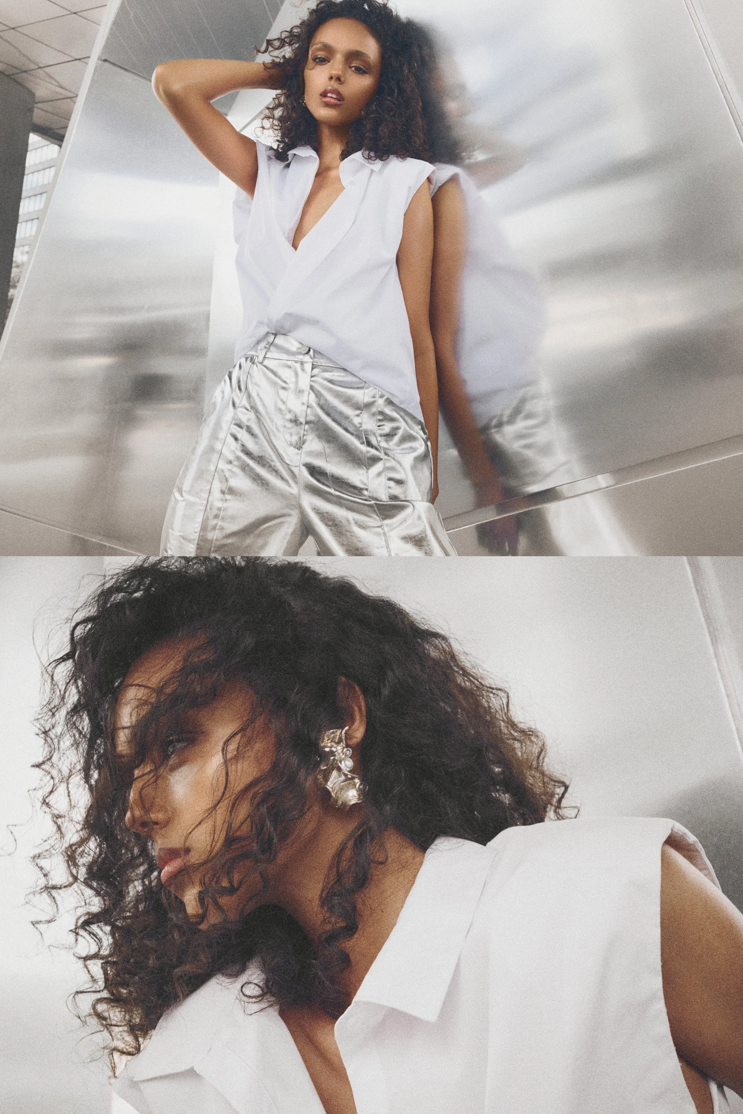Diptych of a woman in a white blouse and metallic trousers, with a closer portrait below.