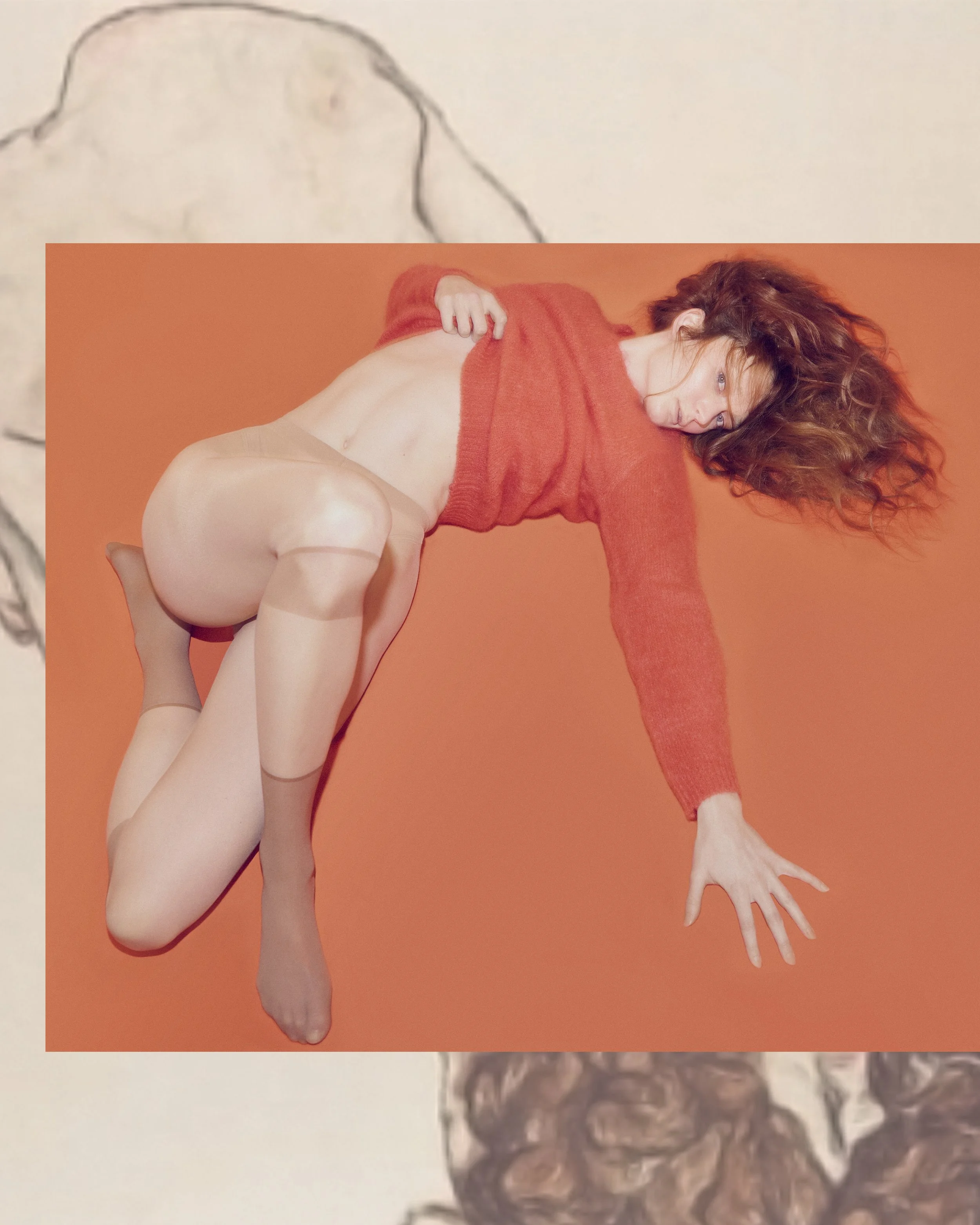 Collage featuring a woman with red hair bending sideways in a cropped red top against an orange panel.