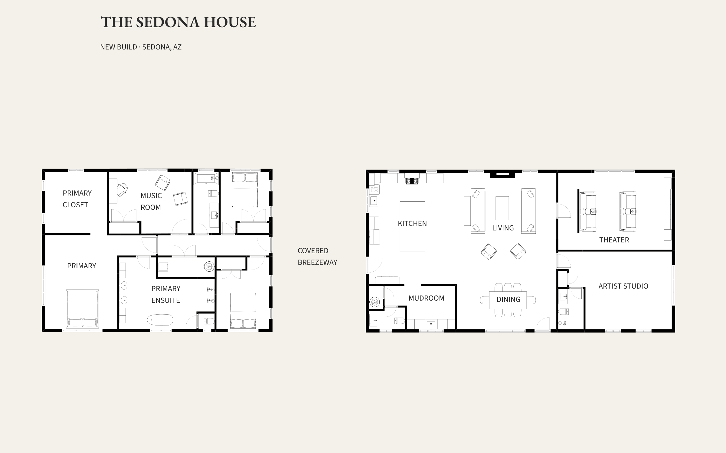 Floor plan of the Sedona House, with separate living and sleeping wings connected by a covered breezeway.