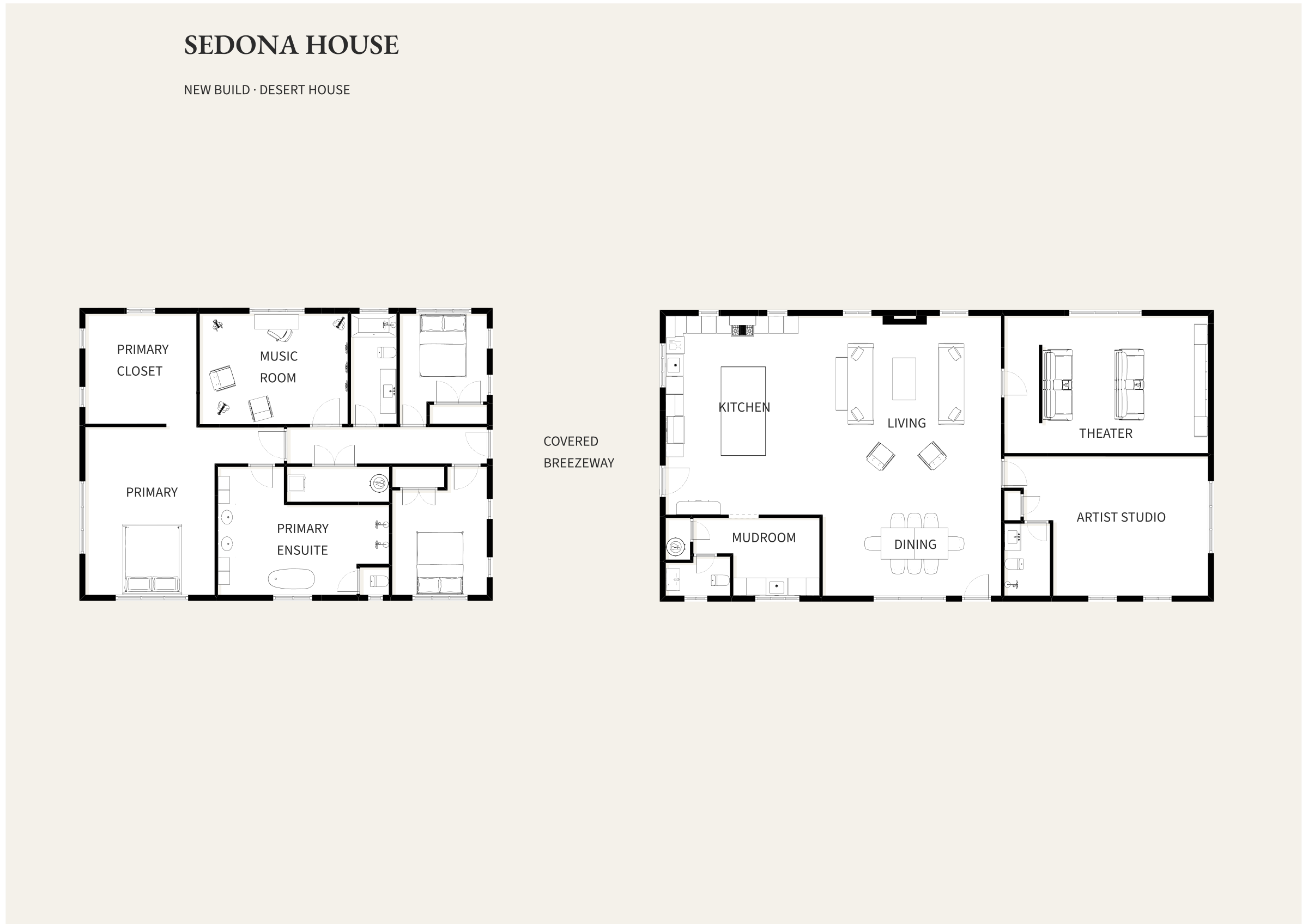 Floor plan of the Sedona House, with separate living and sleeping wings connected by a covered breezeway.
