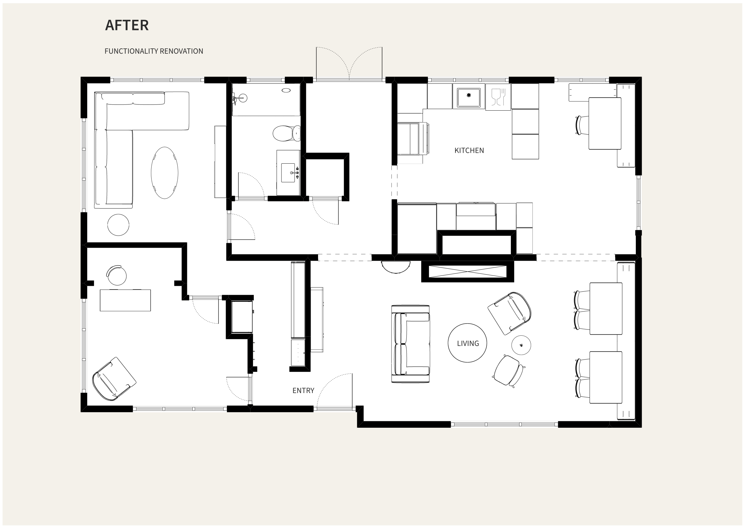 Revised floor plan showing the reconfigured entry, kitchen, pantry and breakfast nook.