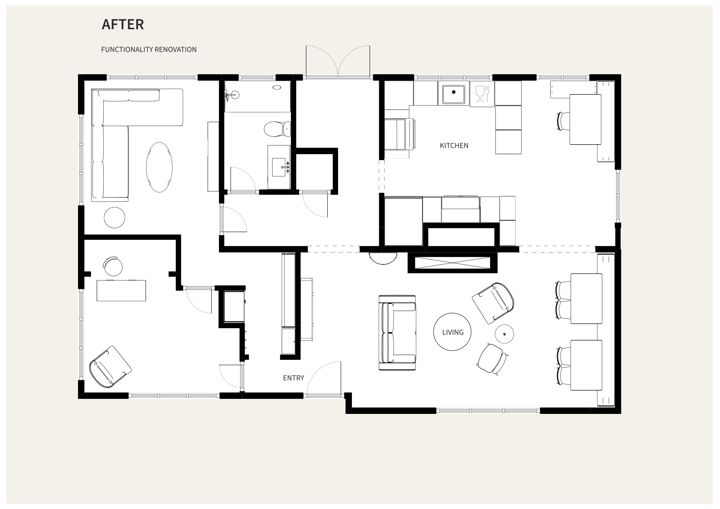 Revised floor plan showing the Functionality Renovation.