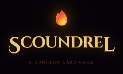 A black background with a lit fire icon above the word 'Scoundrel' in gold letters, and the text 'A Dungeon Card Game' underneath.