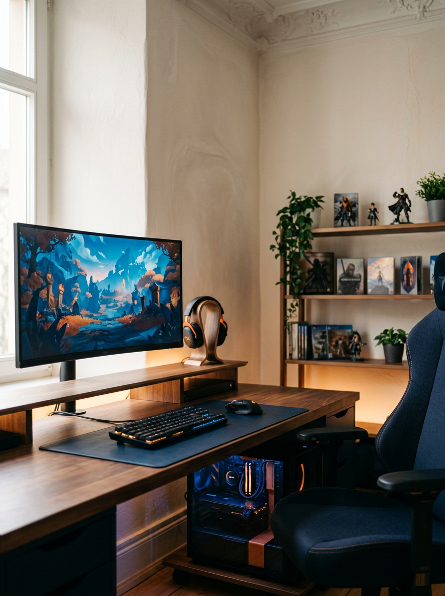 A gaming or work setup with a curved monitor displaying a colorful landscape, a keyboard, mouse, and headphones on a wooden desk, a gaming PC with LED lights underneath, and shelves with gaming figures, DVD cases, and potted plants in a room with natural light and beige walls.