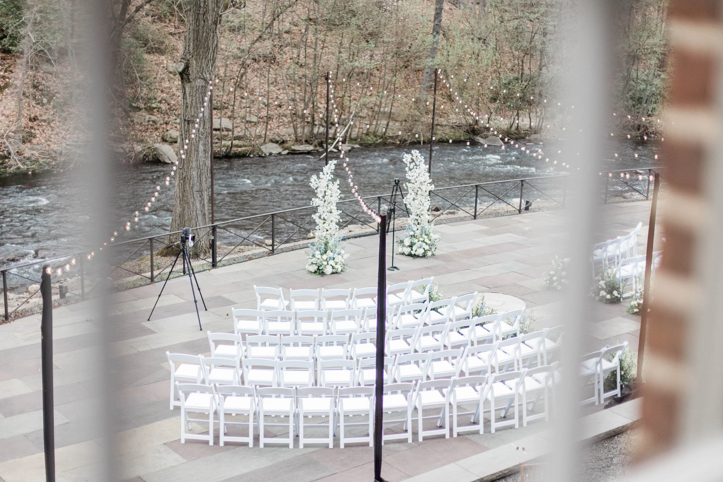 Ceremony shot overview, Open broken Ceremony Arch, White Cherry Blossoms, String Lights, Ceremony Inspiration