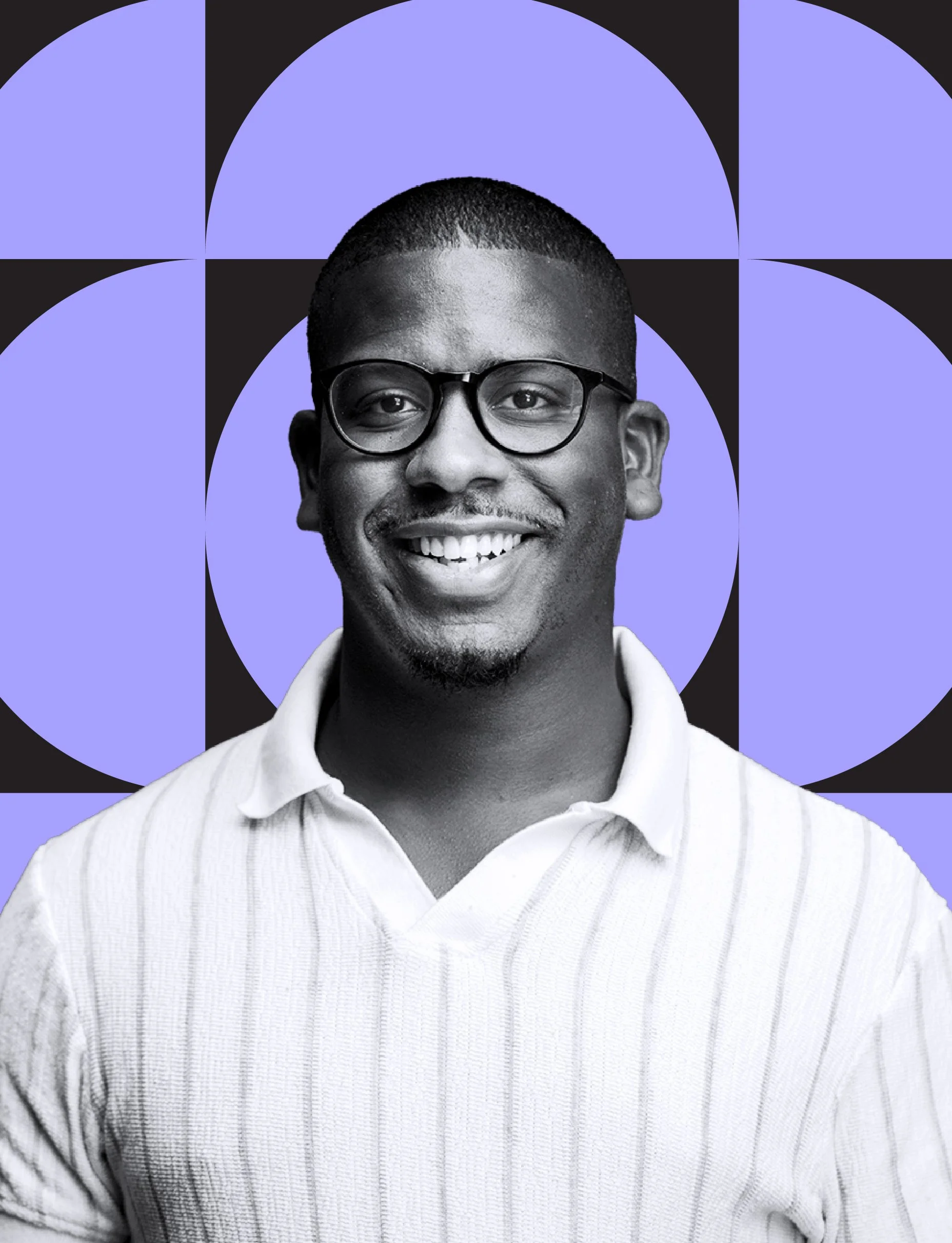 A smiling man with glasses, wearing a light-colored, ribbed knit sweater, with a black and purple geometric patterned background.
