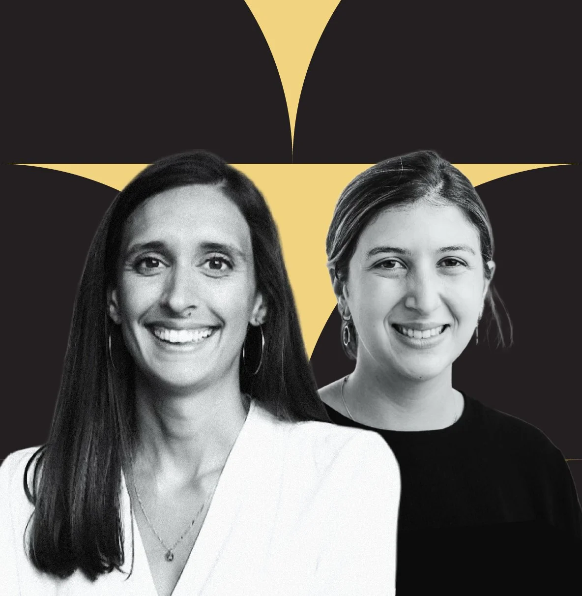 Black and white photo of two smiling women, one with long dark hair wearing earrings and a white top, the other with shoulder-length hair wearing a black top and earrings, in front of a black background with a gold star design.