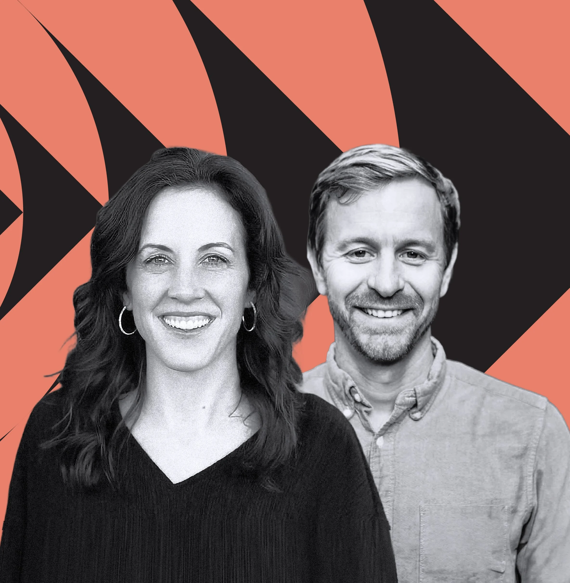 A black and white photograph of a woman with long hair smiling and a man with short hair smiling, both facing the camera. The background features a bold red and black geometric pattern.