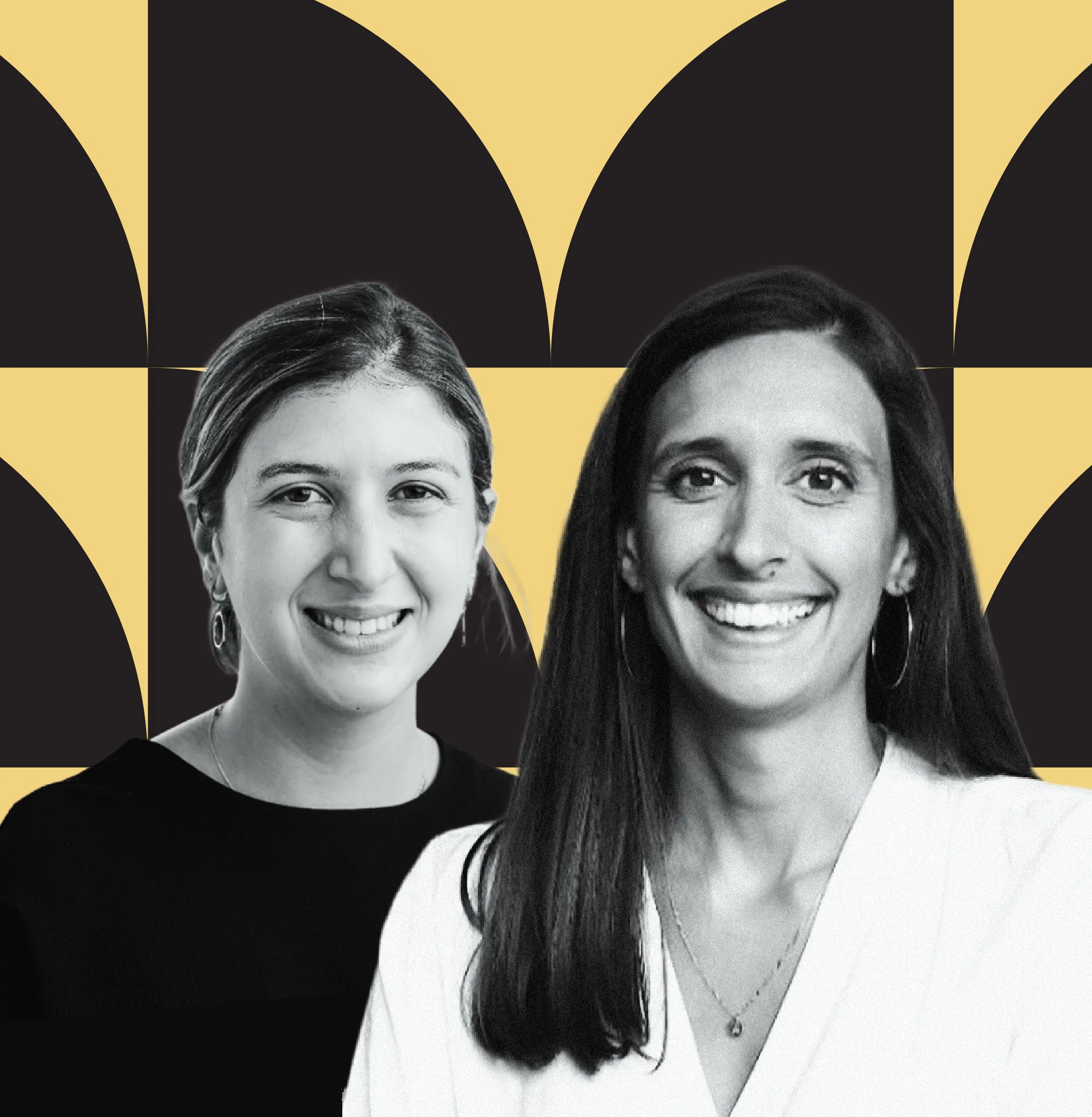 Black and white portrait photo of two smiling women, with a background featuring black and yellow geometric patterns.